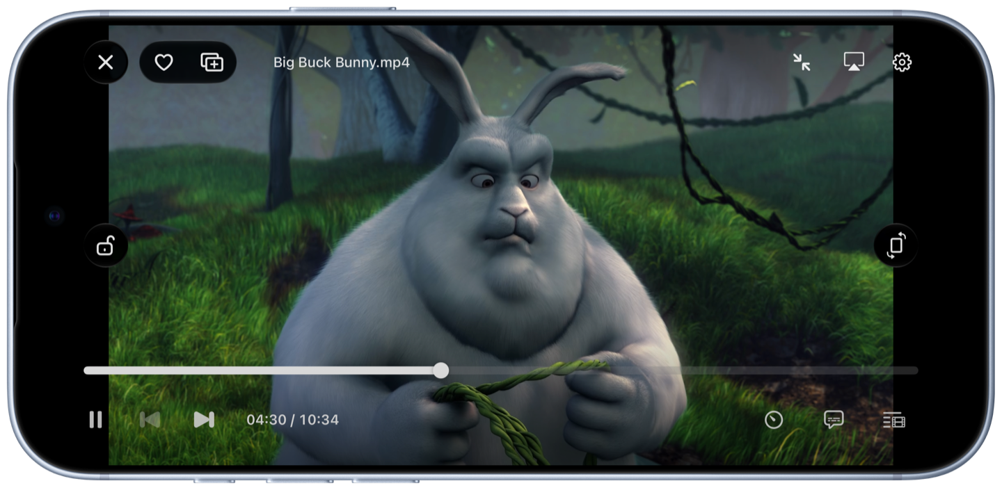 Zerima 横屏播放 Big Buck Bunny，显示进度条与播放控制